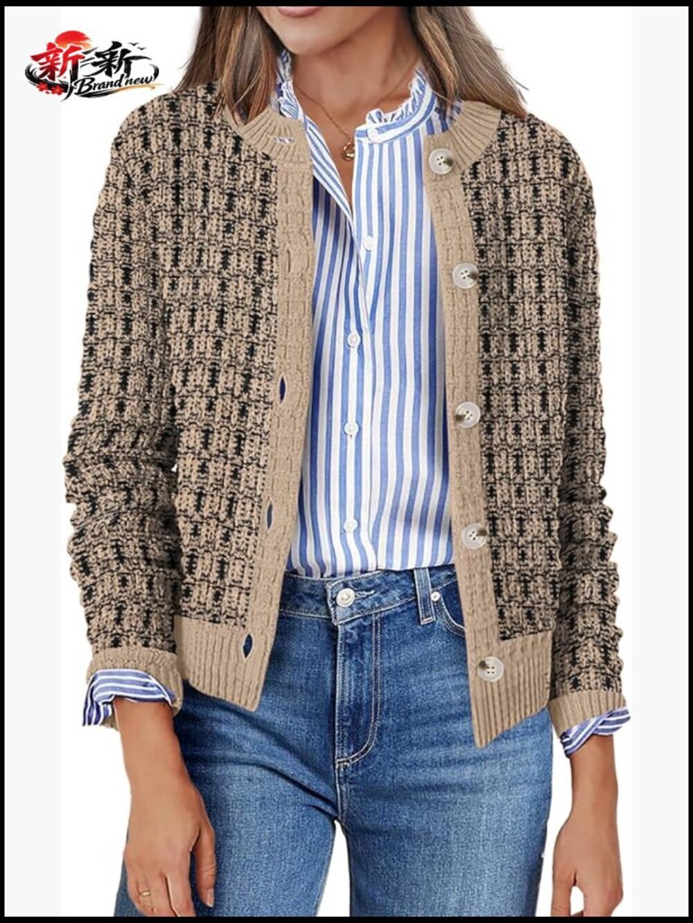 Button Down Open Front Cropped Knit Cardigan Sweater Jacket